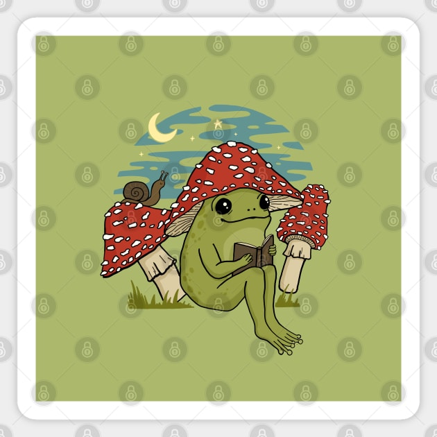 Cute Frog in Mushroom Hat Reading Book, Goblincore Toad, Novel Snail under Night Sky Sticker by Ministry Of Frogs